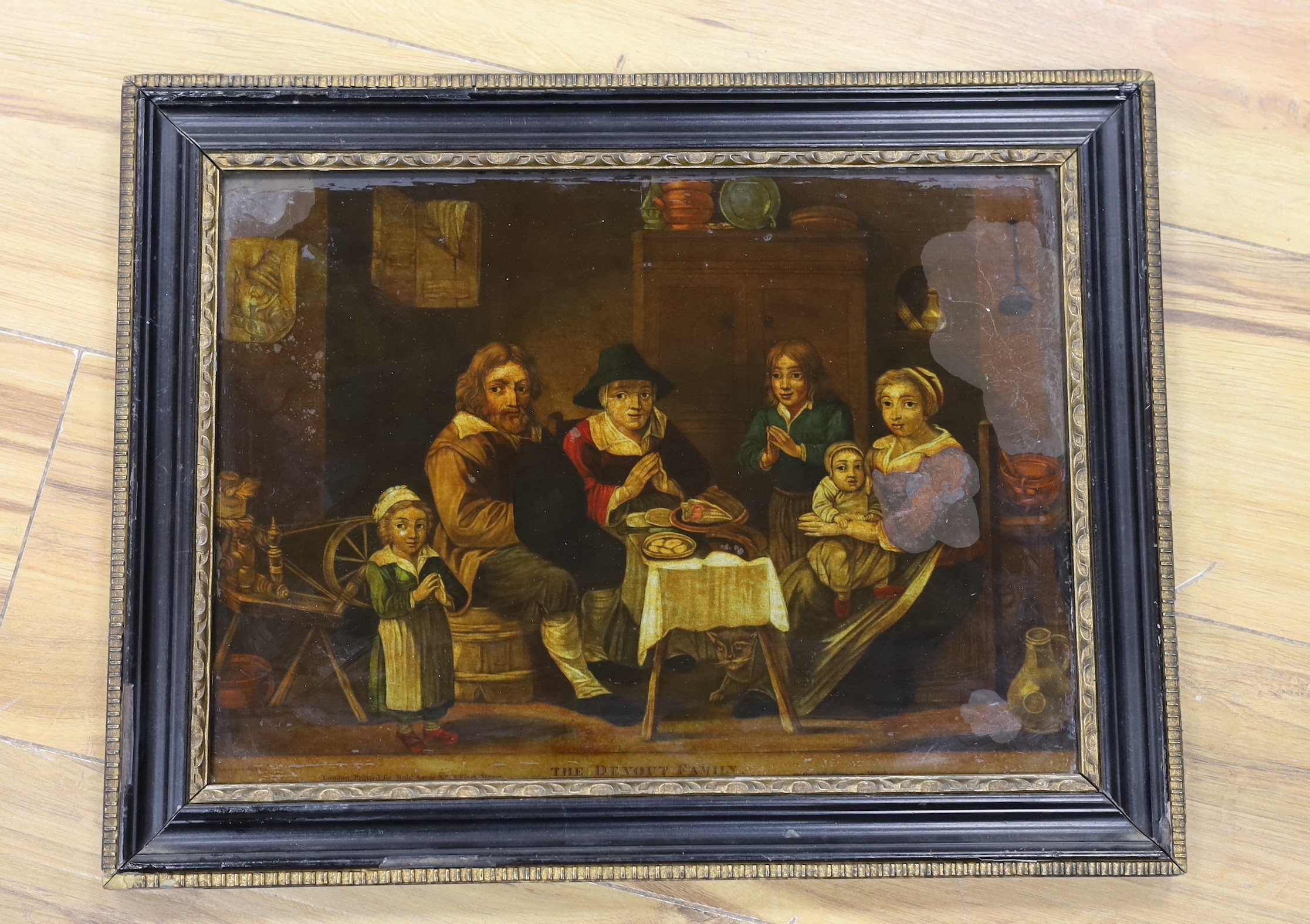 English School, early 19th century, reverse glass painted print, 'The devout family', 25 x 34cm